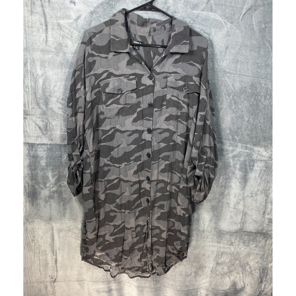 Torrid Shirt Dress Womens 1 Black Camo Camoflauge Collared 3/4 Sleeve Maxi Plus